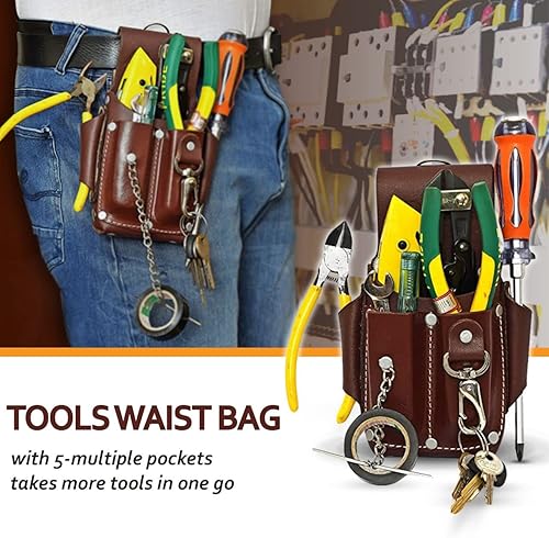 Miniatura 4 de Ap-Leather Pro-5 Bolsa de electricista, bolsa de herramientas de cuero, bolsa de 5 bolsillos con soporte para cinta eléctrica, compartimentos