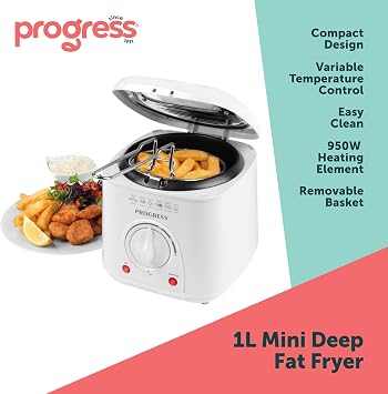 Progress Compact Deep Fat Fryer, 1 L, 950 W, Variable Temperature To 190°C | Non-Stick Bowl, Removable Frying Basket With Detachable Handle, Viewing Window Lid, Odour Filter, Compact For Caravans