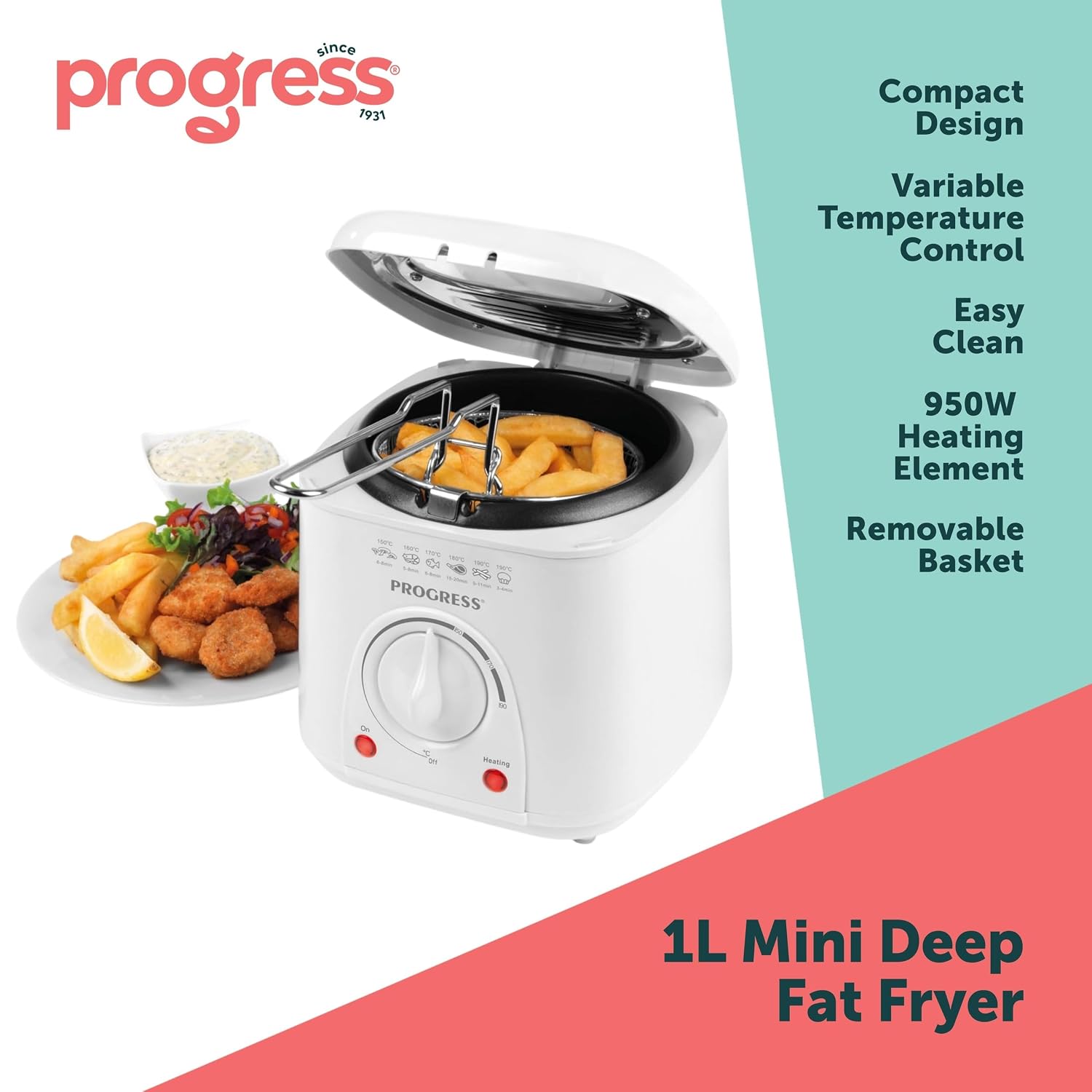 Progress EK2969P Electric 1L Mini Deep Fat Fryer - Removable Cooking Basket, Easy Clean, Non-Slip, Variable Temperature Control To 190°, Non-Stick Oil Tank, Detachable Handle,... - Image 2
