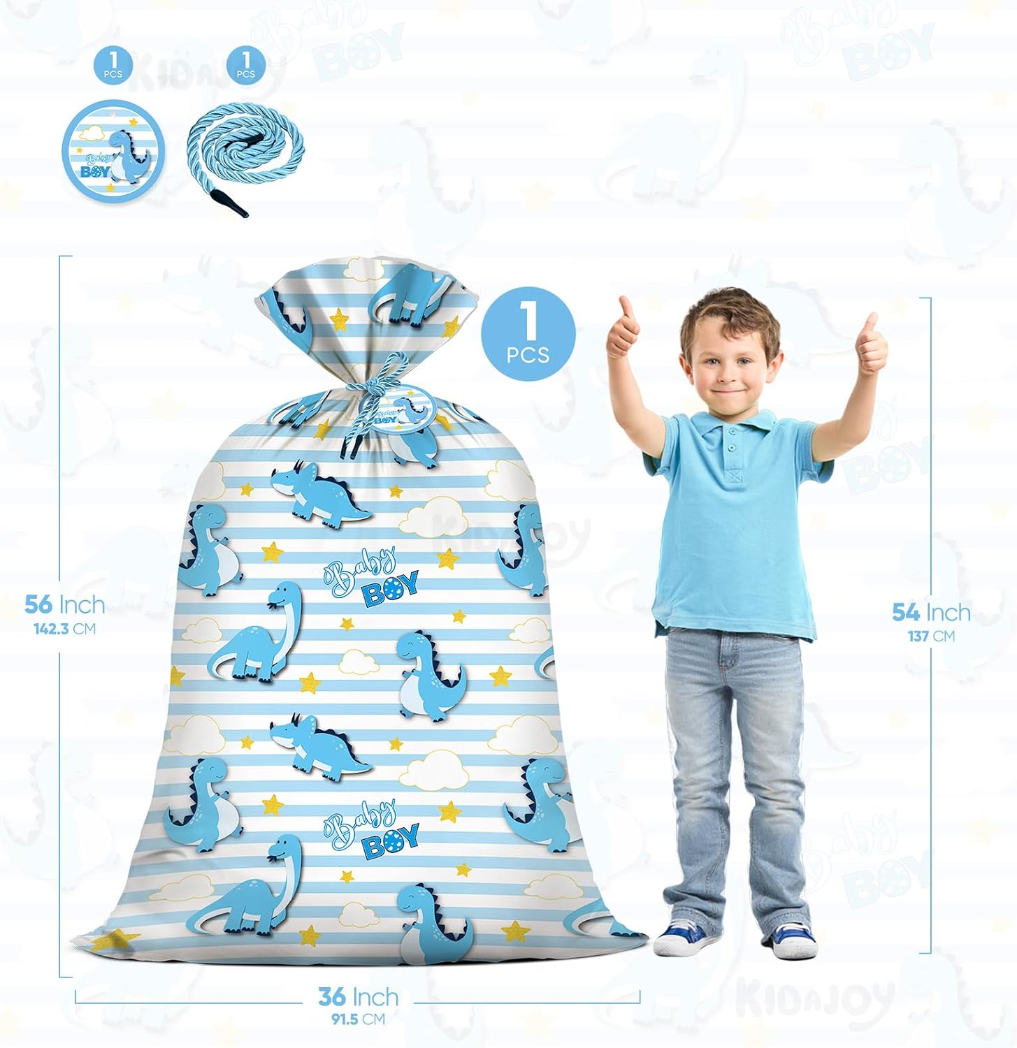 KIDAJOY Extra Large Dinosaur Baby Shower Plastic Gift Bags Boys Jumbo Blue Dinosaur Present Gift Bag Dino-Themed Newborn Party Favors Supplies Decorations 56 * 36 Inch image 2