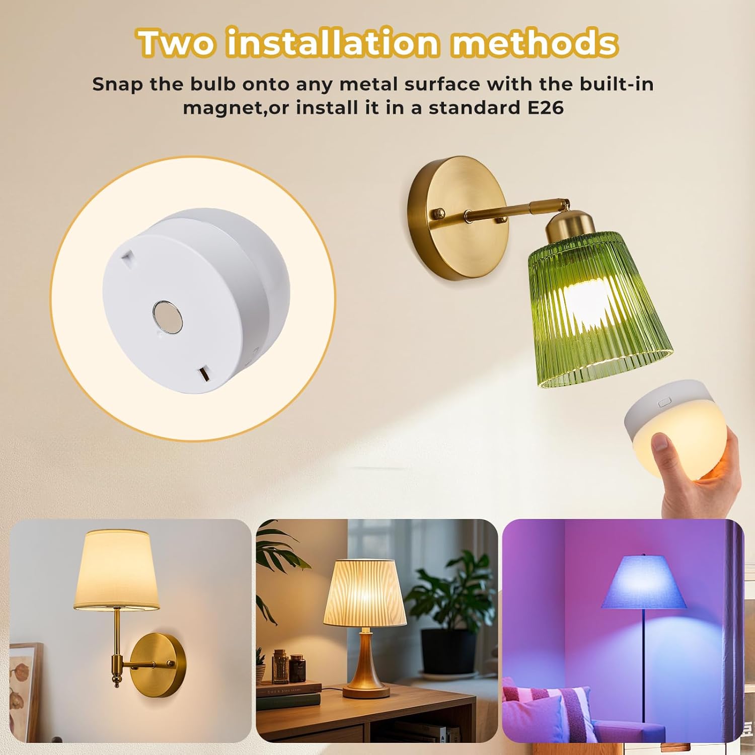 Rechargeable Light Bulb with Remote and Timer Rechargeable Magnetic Bulbs for Sconces and Lamps E26 Battery Light Bulb 3 Color Temperatures,15 RGB Colors,2 Pack