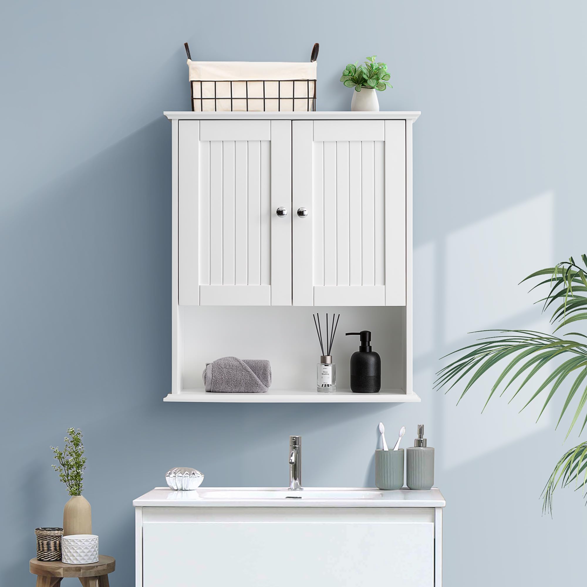 HIGEINE Bathroom Wall Cabinet Over The Toilet Storage Cabinet 2 Doors Wall Mounted Wood Medicine Cabinet with Adjustable Shelves for Bathroom, Kitchen, Living Room, Entryway (White)