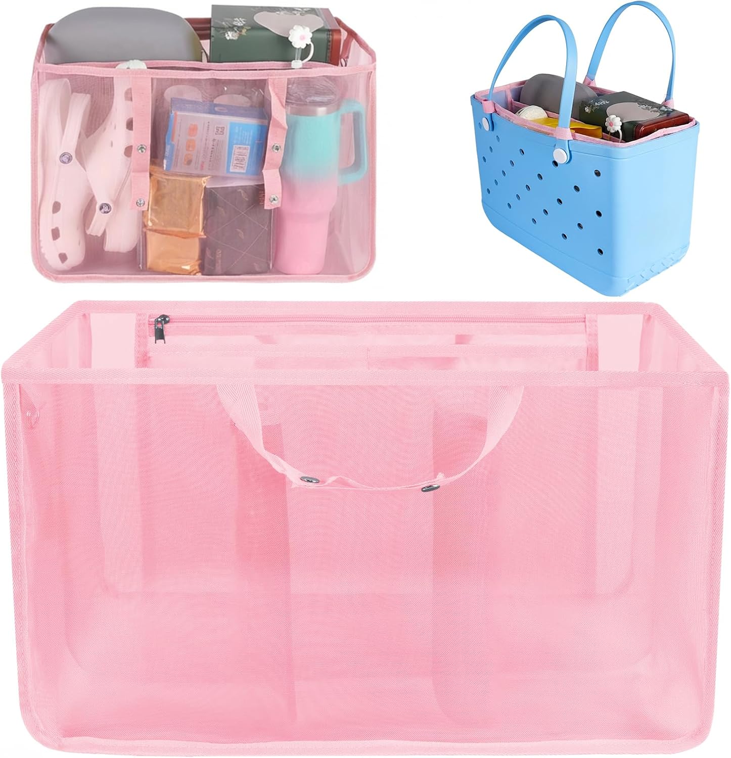 Beach Bag Organizer for Bogg Bag, Tote Bag Organizer Insert, Lightweight Mesh Divider with Zipper Pocket & 7 Compartments, Accessories Insert for XL Bogg Tote (Pink, X-Large)
