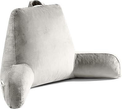 OAISZ Reading Pillow for Sitting in Bed Adult, Reading Pillow with Shredded Memory Foam, Bed Pillow with Washable Cover, Back Pillow Sitting Up with Extend Arms, Light Gery, X-Large