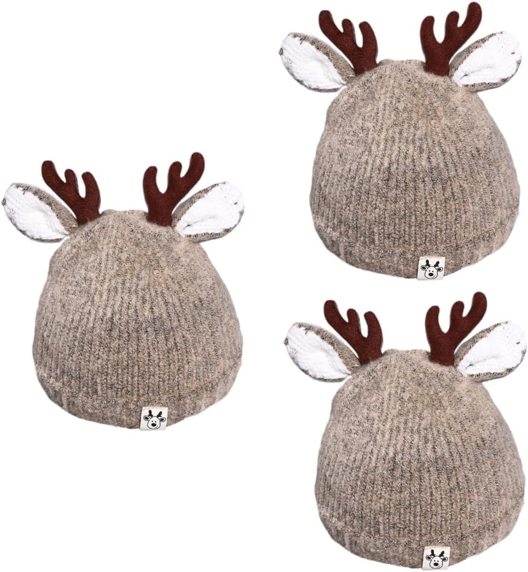 GALPADA 3pcs Autumn Warm Wool Knitted Beanie Hat Antlers for Boys and Girls Years Old Cozy Khaki Earmuffs for Boy Girl Cute Design Stretchy Fit for Comfort