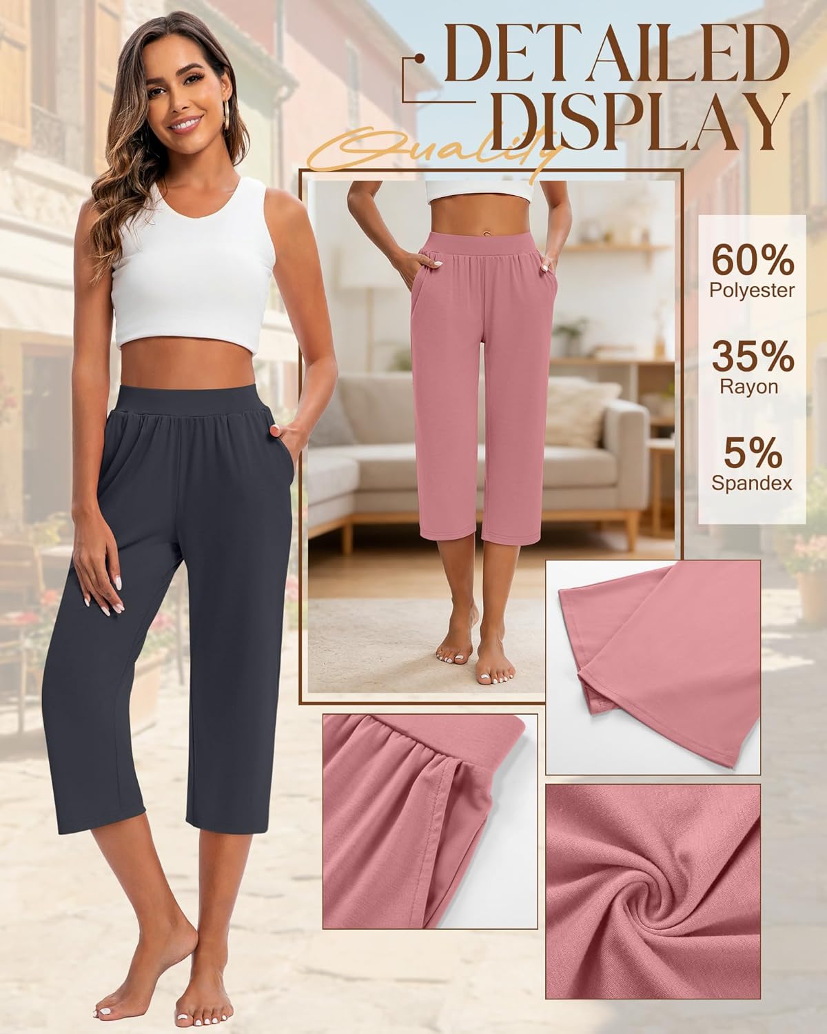 Huukeay 3 Pack Women's Capri Sweatpants, Cozy Wide Legs Cropped Capri with Pockets, Lounge Jogger Pants Workout Yoga Solid - Image 5