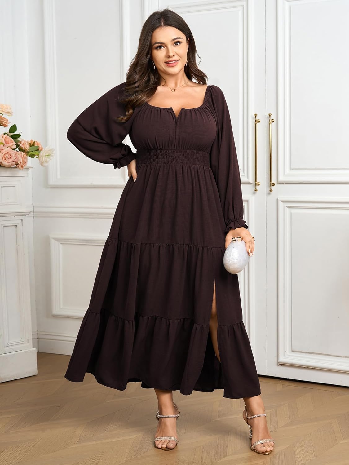 SCOMCHIC Womens Plus Size Formal Dress Fall Long Sleeve Square Neck Flowy A Line Tiered Side Split Wedding Guest Maxi Dress - Image 6