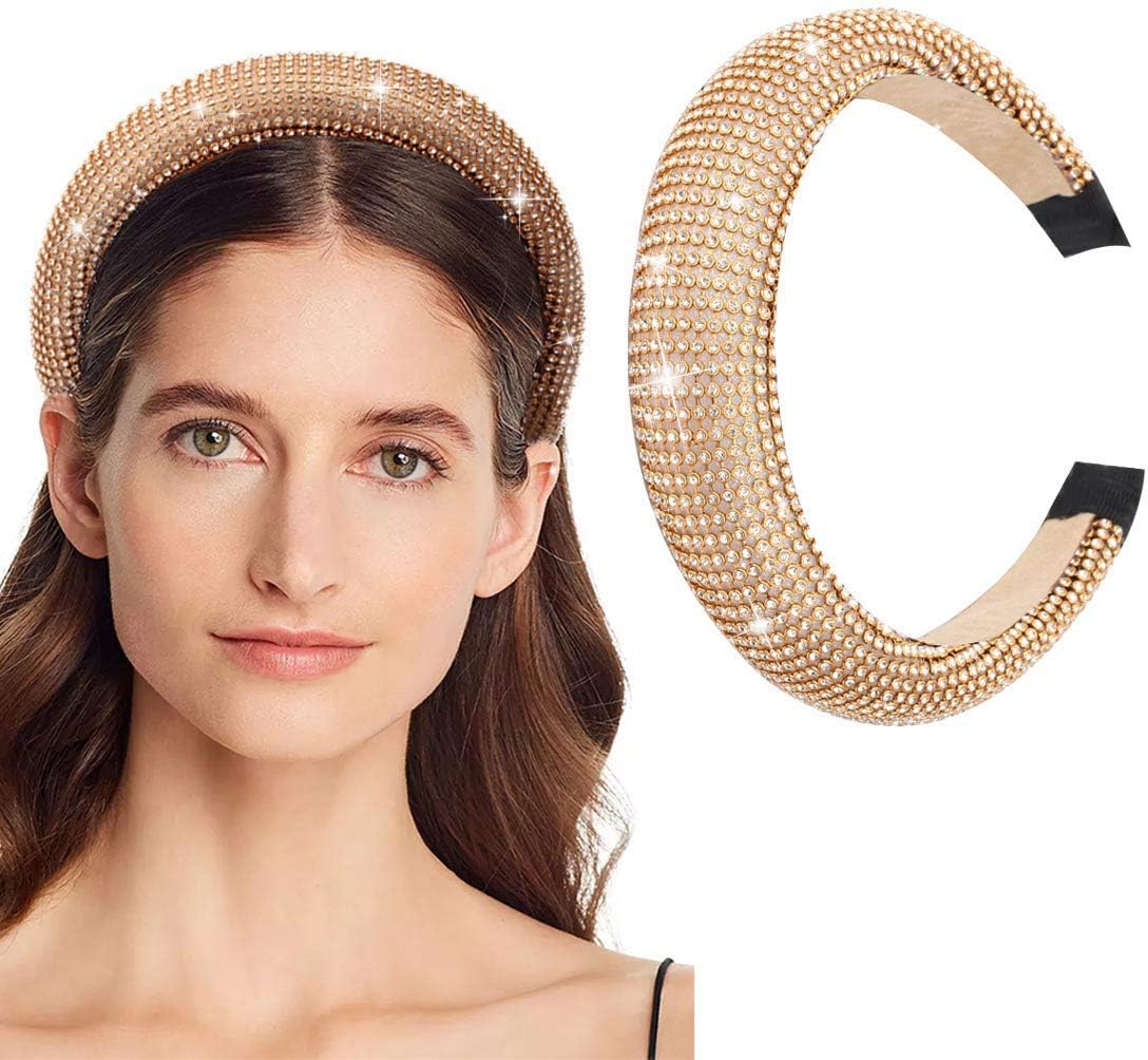 POVETIRE Diamond Headband for Women - Padded Headband Handmade Crystal Rhinestone Headbands Fashionable Handmade Hairband for Girl 1pcs Gold