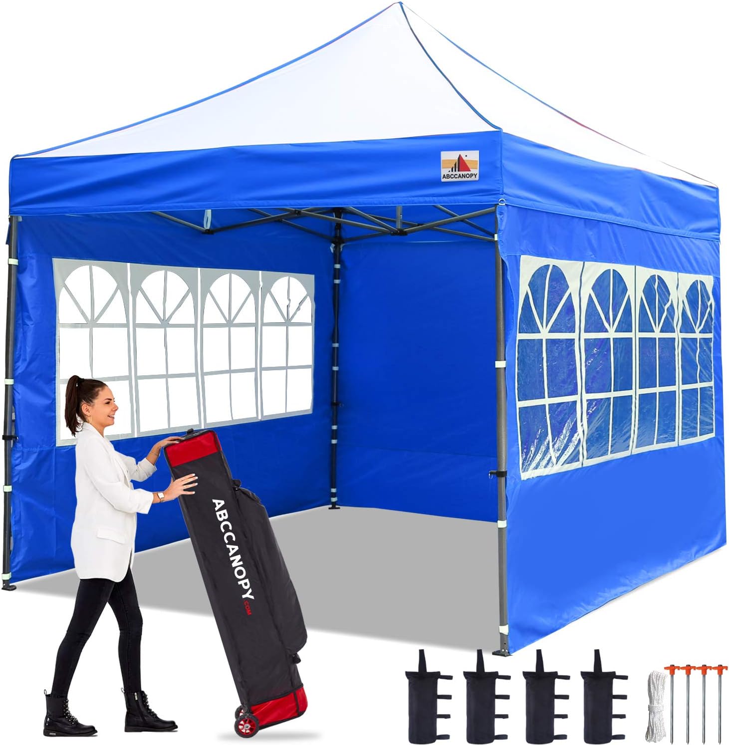 ABCCANOPYPop Up Gazebo With Side Panels and Door Wall Commercial Shelters Instant Shade And Block Rain, Bonus Upgraded Roller Bag, 4 Weight Bags, Stakes and Ropes(3x3M,Blue/White)
