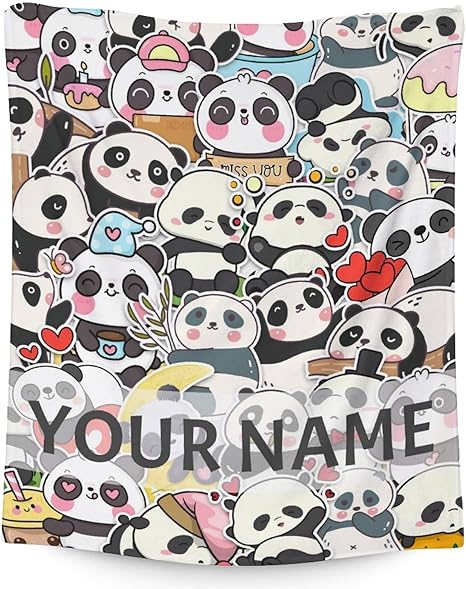 Personalized Panda Blanket Gifts with Name - 40"x50" Cute Throw Blanket for Kids, Adults - Black Soft Fuzzy Blankets for Couch & Sofa