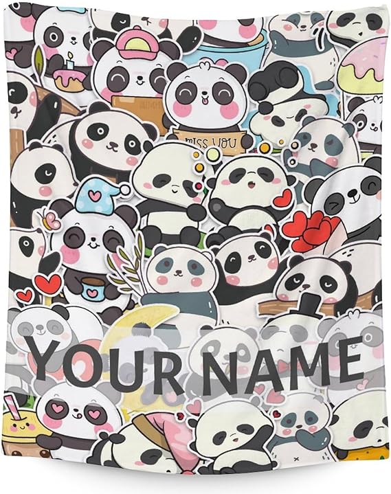 Personalized Panda Blanket Gifts with Name - 40"x50" Cute Throw Blanket for Kids, Adults - Black Soft Fuzzy Blankets for Couch & Sofa