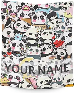 Personalized Panda Blanket Gifts with Name - 40"x50" Cute Throw Blanket for Kids, Adults - Black Soft Fuzzy Blankets for Couch & Sofa