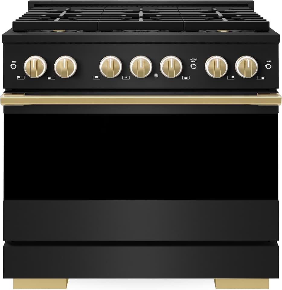 ZLINE Autograph 36 in. Black Stainless Marino Dual Fuel Range w/DuoPro Cooktop & Gold Accents