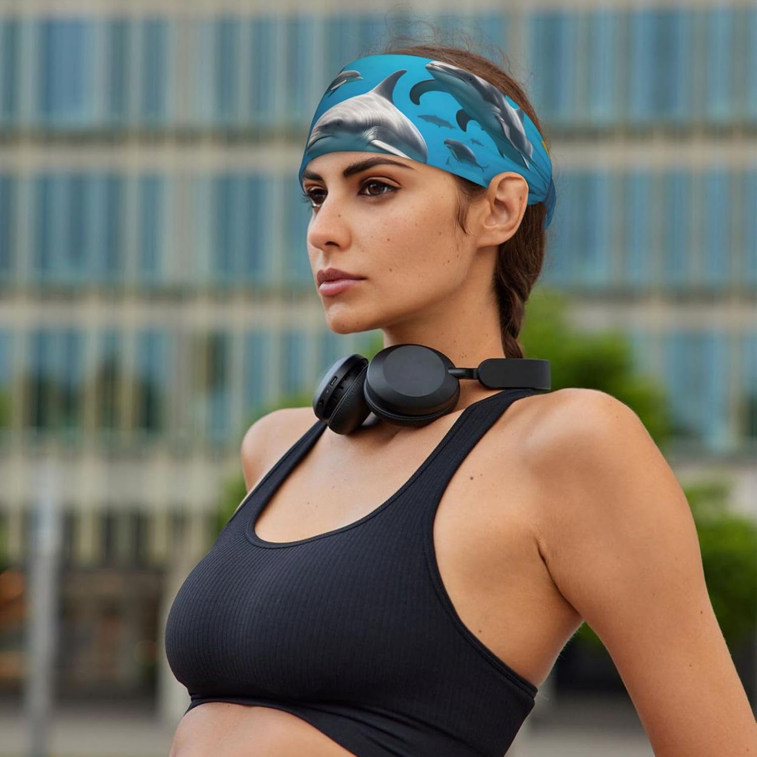 Dolphins Sea Turtle Shark Octopus Coral Print Elastic Headband Breathable Workout Hair Band Running Cycling Outdoor Activities