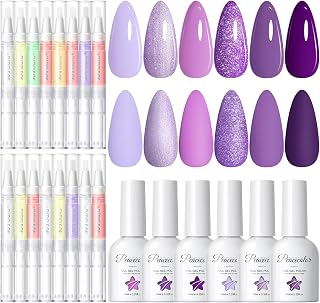 Peacecolor 16Pcs Cuticle Oil Pen for Nails 6PC Purple Gel Nail Polish, 6 Colors 10ML Light Dark Purple Lavender Glitter Sparkle Gel Polish Set