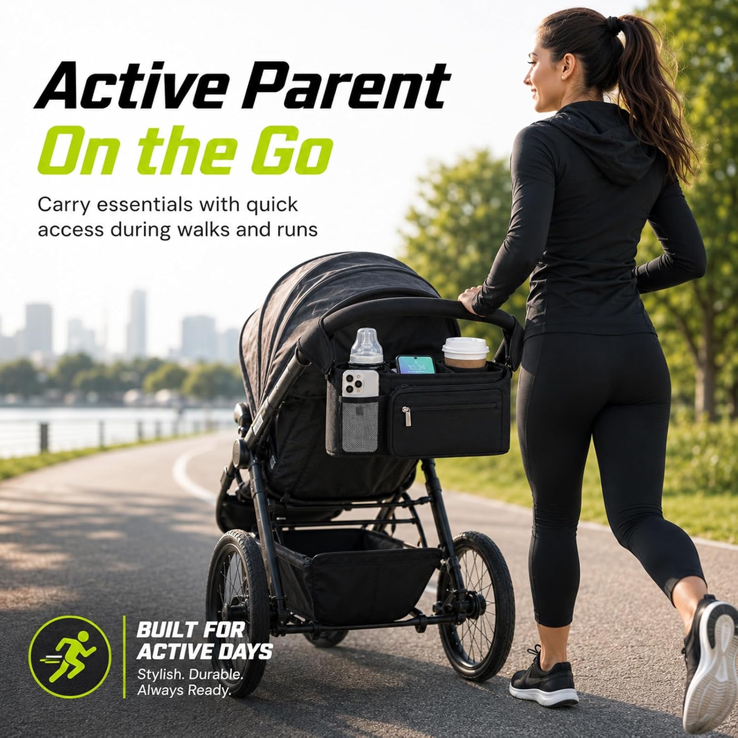 Jogging Stroller Organizer with Tire Pump, 2 Cup Holders and Phone Pocket | Built for jogging strollers with air-filled tires, Oxford fabric, adjustable straps, and a detachable essentials pouch.