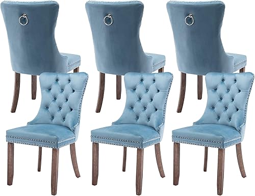 Miniatura 50 de Juego de 4 sillas de comedor de terciopelo, sillas de comedor tapizadas con ribete de cabeza de clavo, patas de madera, anillo de tracción, sillas