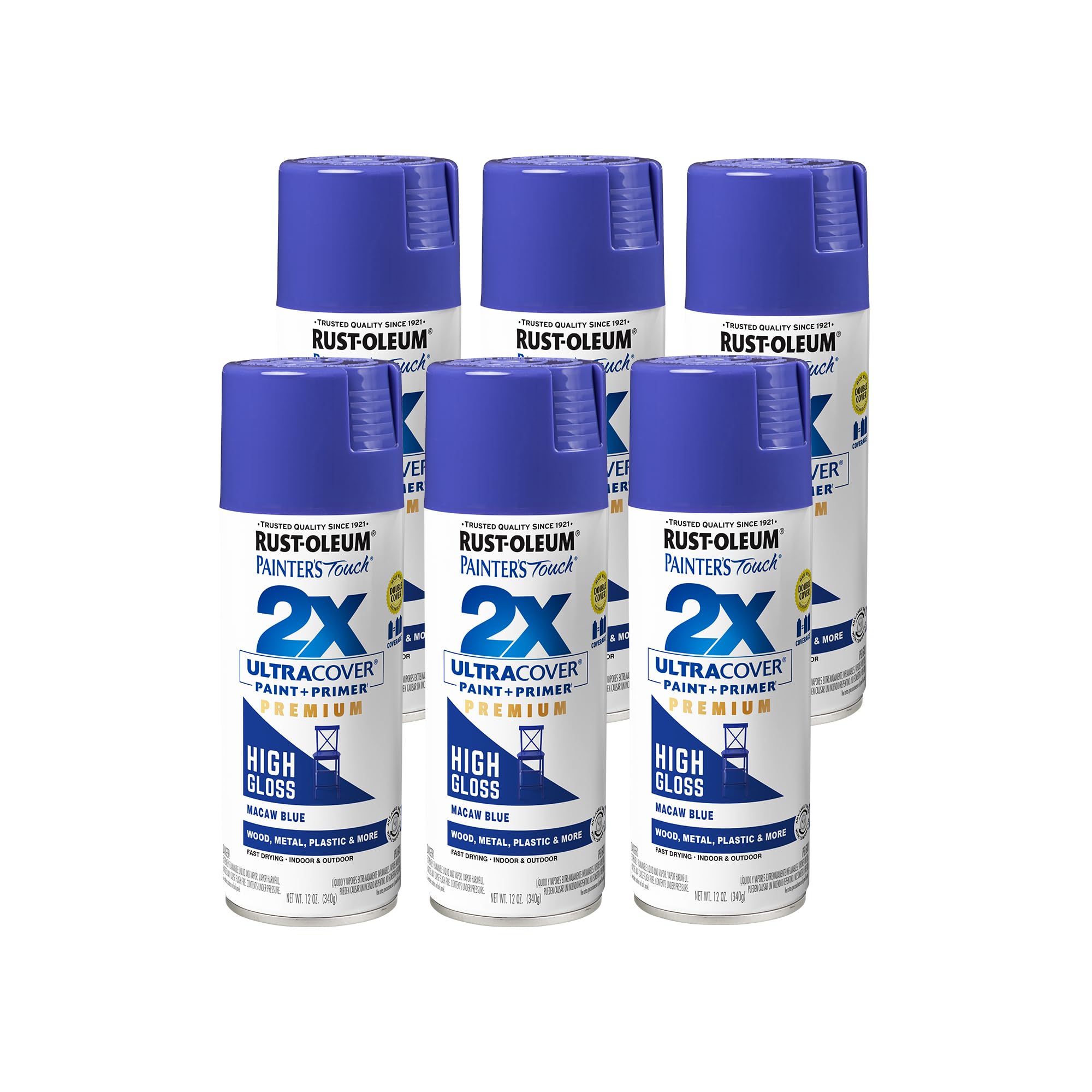 Rust-Oleum 355057-6PK Painter's Touch 2X Ultra Cover Spray Paint, 12 oz, High Gloss Macaw Blue, 6 Pack