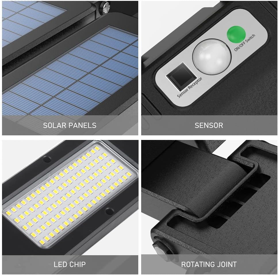 Close-up of Maclean MCE447 components: solar panels, sensor, LED chip, and rotating joint