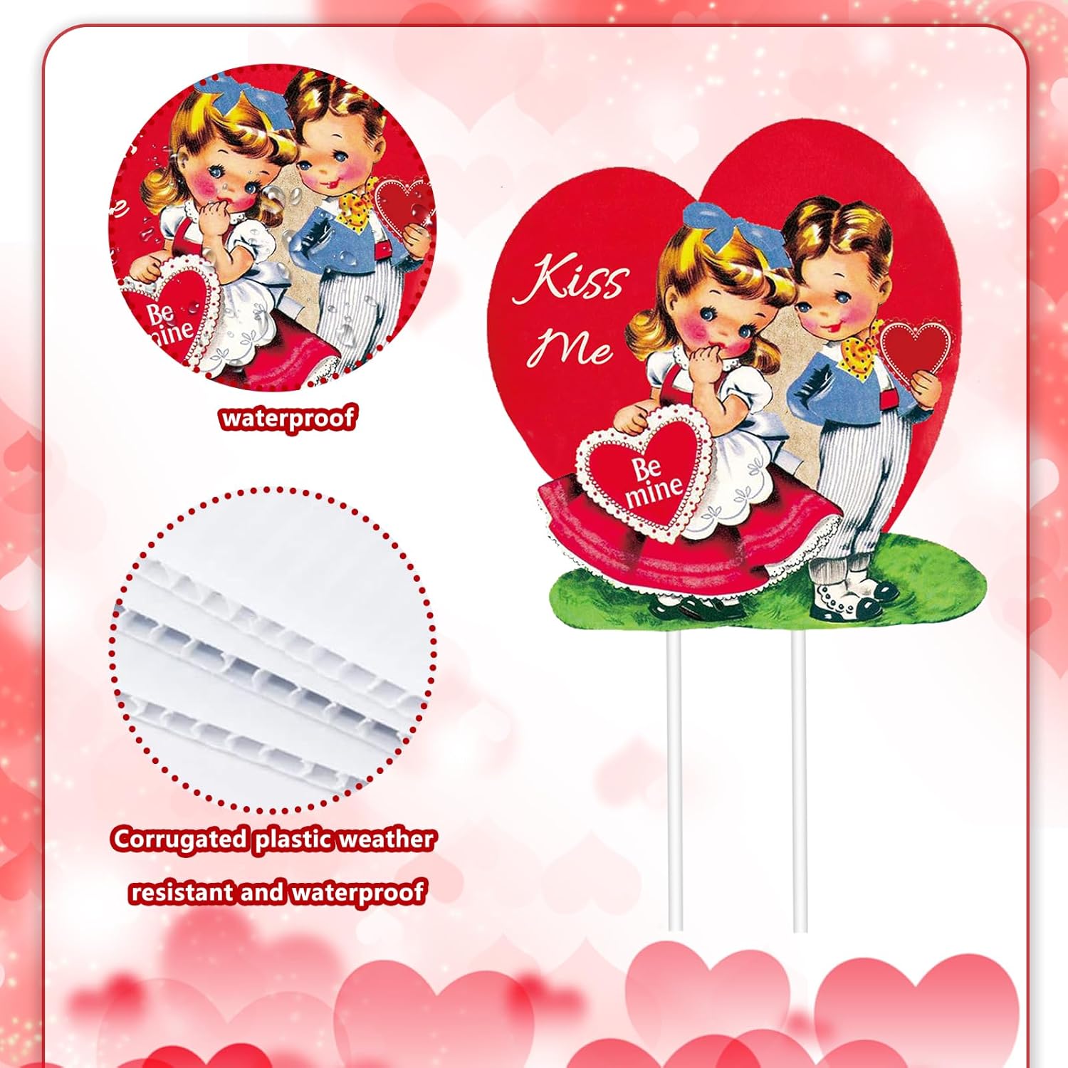 JarThenaAMCS Large Size 4Pcs Valentine's Day Yard Sign Red Vintage Couple Hearts Lawn Sign Retro Yard Decoration For Wedding Anniversary Outdoor Home Party