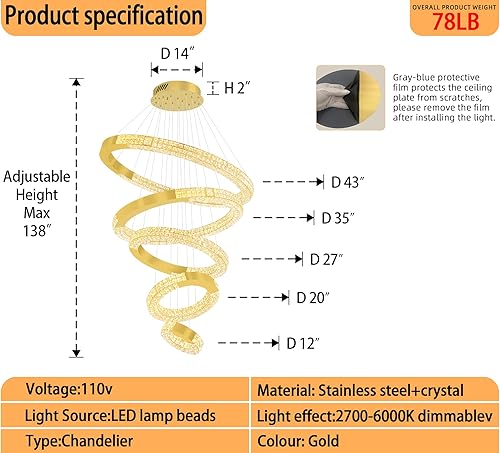 Miniatura 3 de Candelabros grandes de 5 anillos, lámpara LED moderna de cristal dorado, lámpara de techo alto para escalera de vestíbulo D12 pulgadas + 20 pulgadas