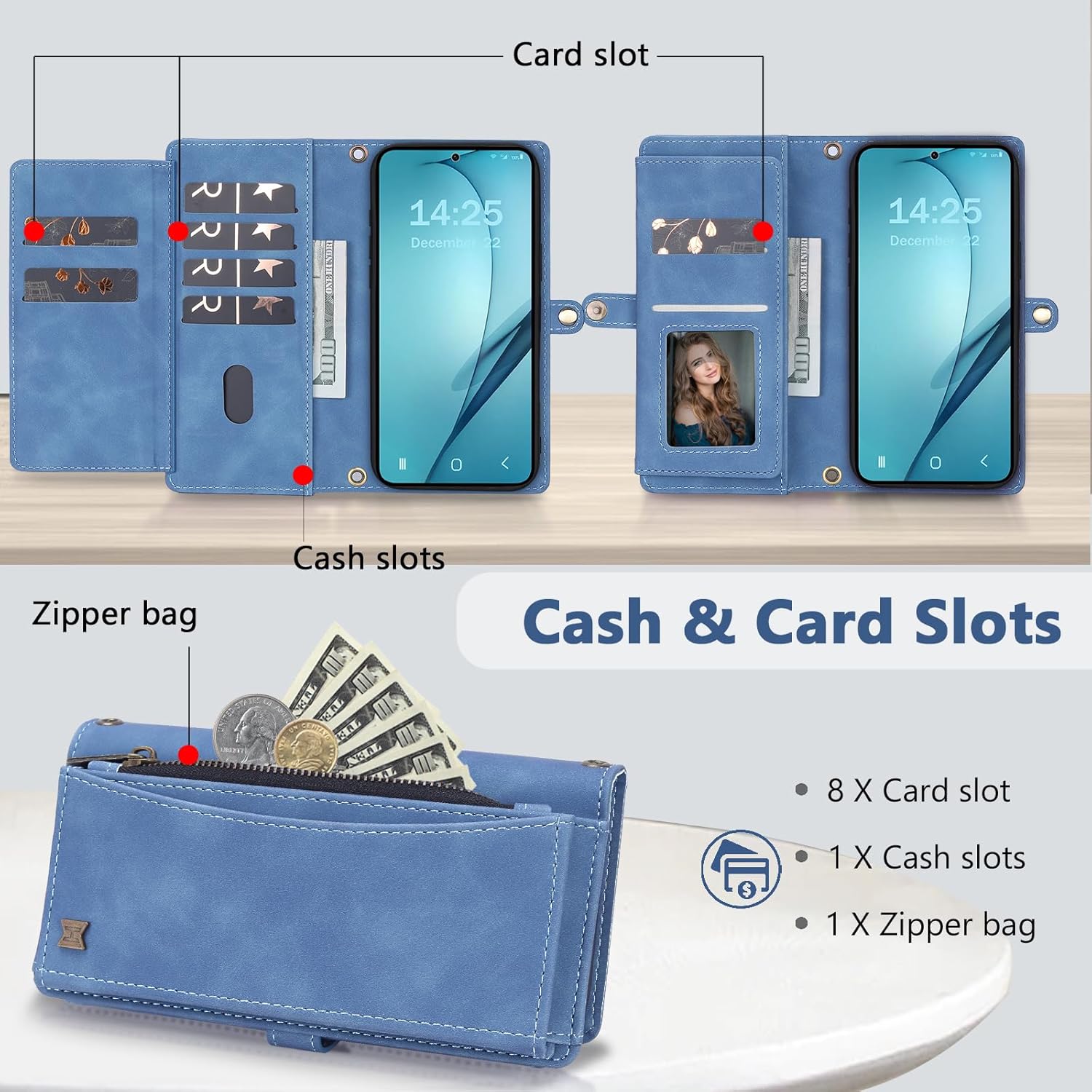 Wallet Case for Samsung Galaxy S24 with Card Holder/Crossbody Wallet/Strap| RFID Blocking | Magnetic | Kickstand | Detachable | PU Leather Phone Case for Galaxy S24,6.2 in,Sky Blue