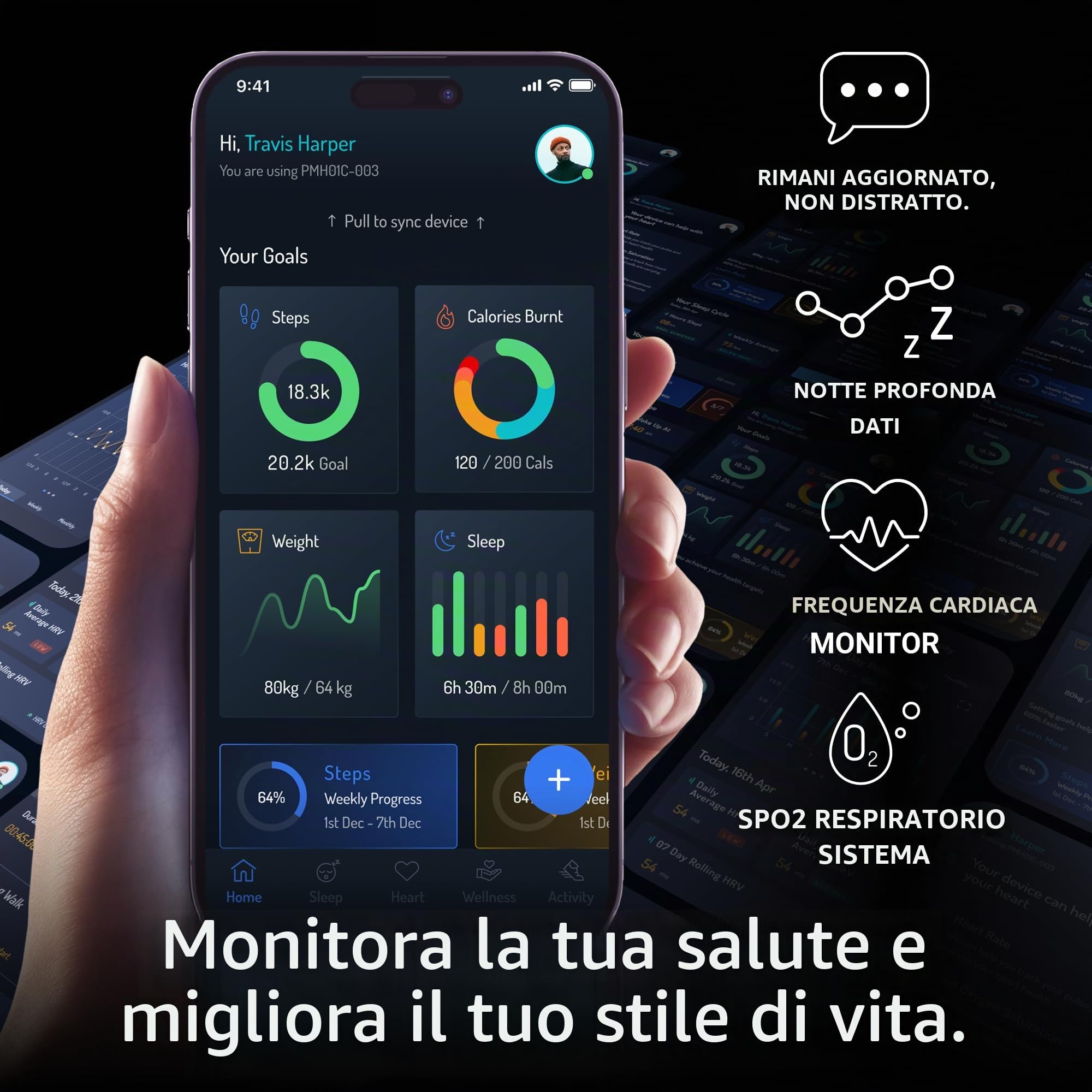 Pininfarina Sintesi Sport Hybrid Smartwatch - Orologio analogico con cinturino FKM, display digitale, bussola, GPS, fitness, frequenza cardiaca, passi, calorie e sonno - Luna Steel