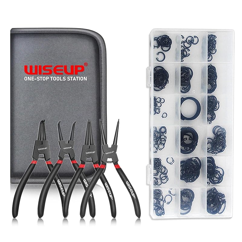 Kit de alicates para anéis de retenção WISEUP com 225 anéis, pontas retas e anguladas, 4 peças