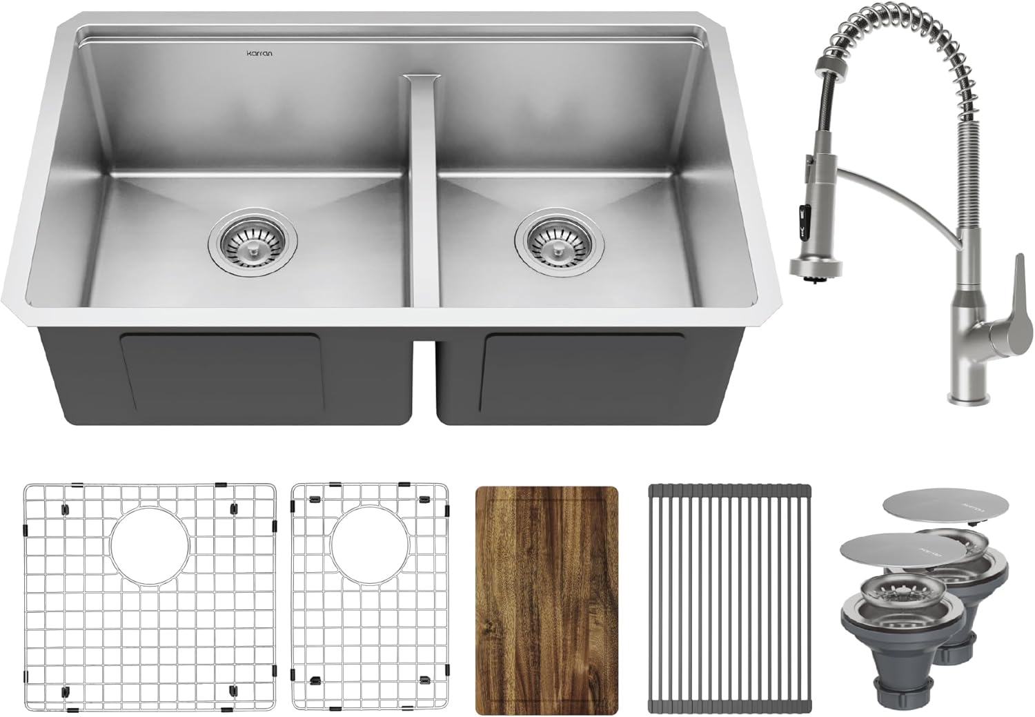 Karran Elite 32 Inch Undermount Workstation Kitchen Sink, 60/40 Double Bowl Low Divide, 16 Gauge T304 Stainless Steel (Standard)