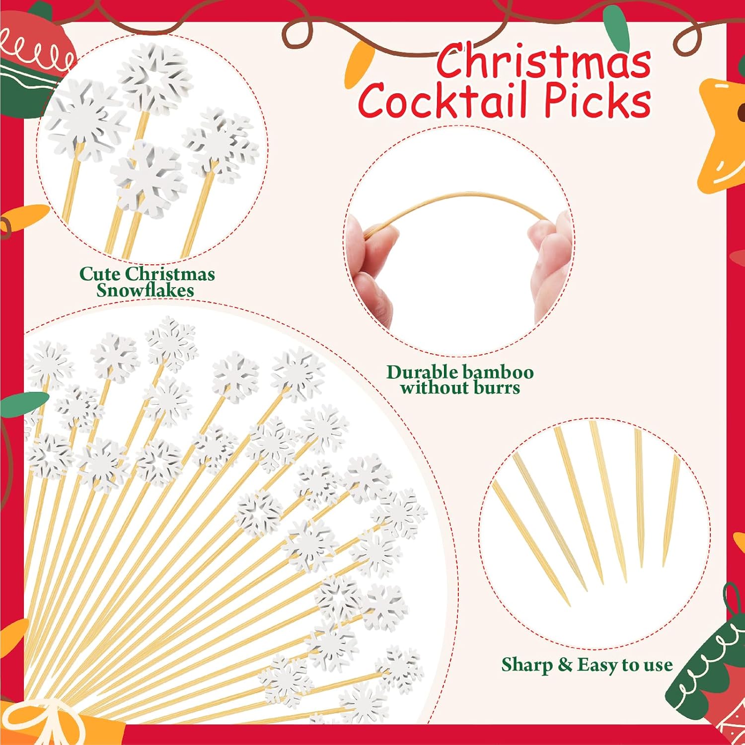 100 Christmas Snowflake Cocktail Picks, 6 Kind of Fancy Christmas Toothpicks for Appetizers, 4.7 IN Bamboo Charcuterie Skewers Food Sticks for Winter Snow Frozen Decorations Christmas Party Supplies