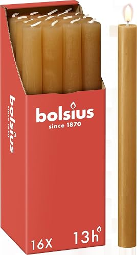 Bolsius Rustic Dinner Candles - Yellow - Pack of 16 - Long Burning Time of 13 Hours - Household Candle - Interior Decoration - Unscented - Includes Natural Vegan Wax - 27 x 2.3 cm - Yellow - 16 Pieces
