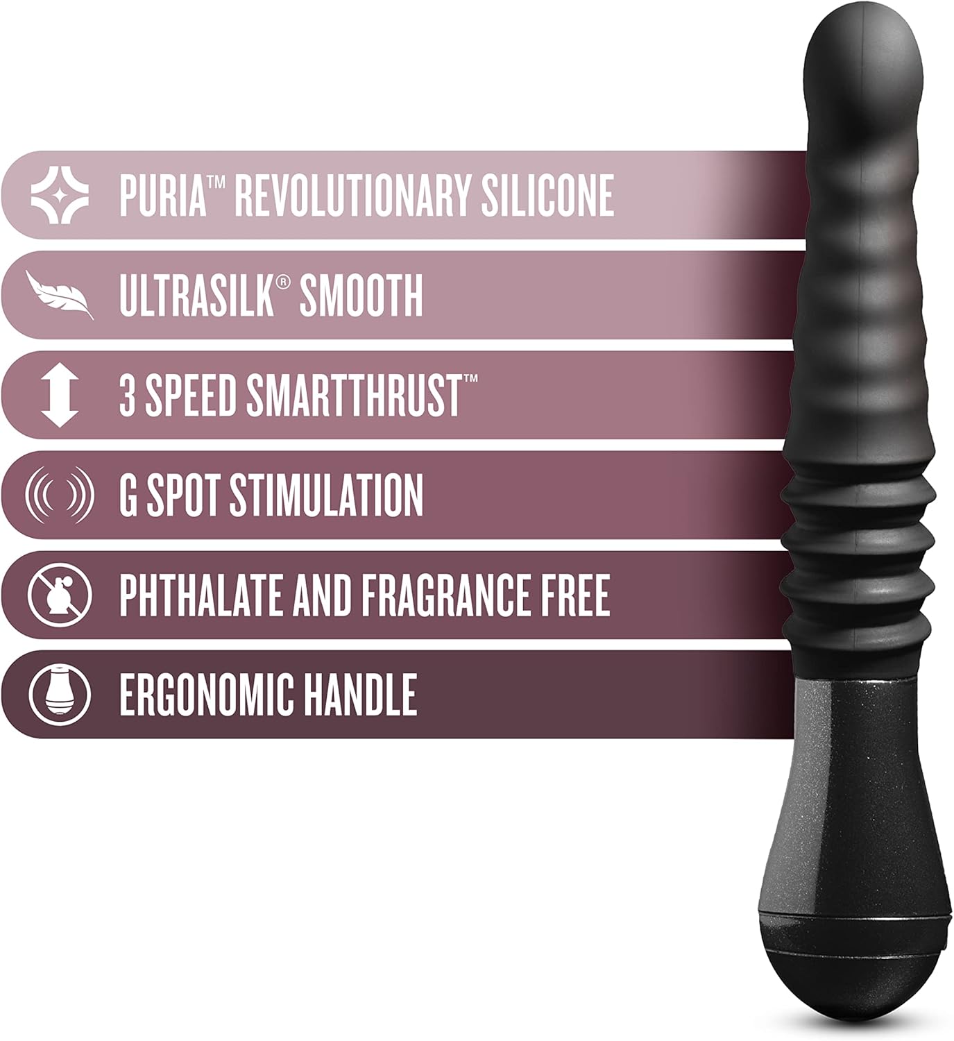 Blush Temptasia 11.25" Lazarus Curved Thrusting Dildo - G- & P-Spot Silicone Vibrating Cock, UltraSilk Vibrator w/ 3 SmartThrust Speeds USB Charge Ergonomic Handle Women Pleasure Adult Sex Toy - Black