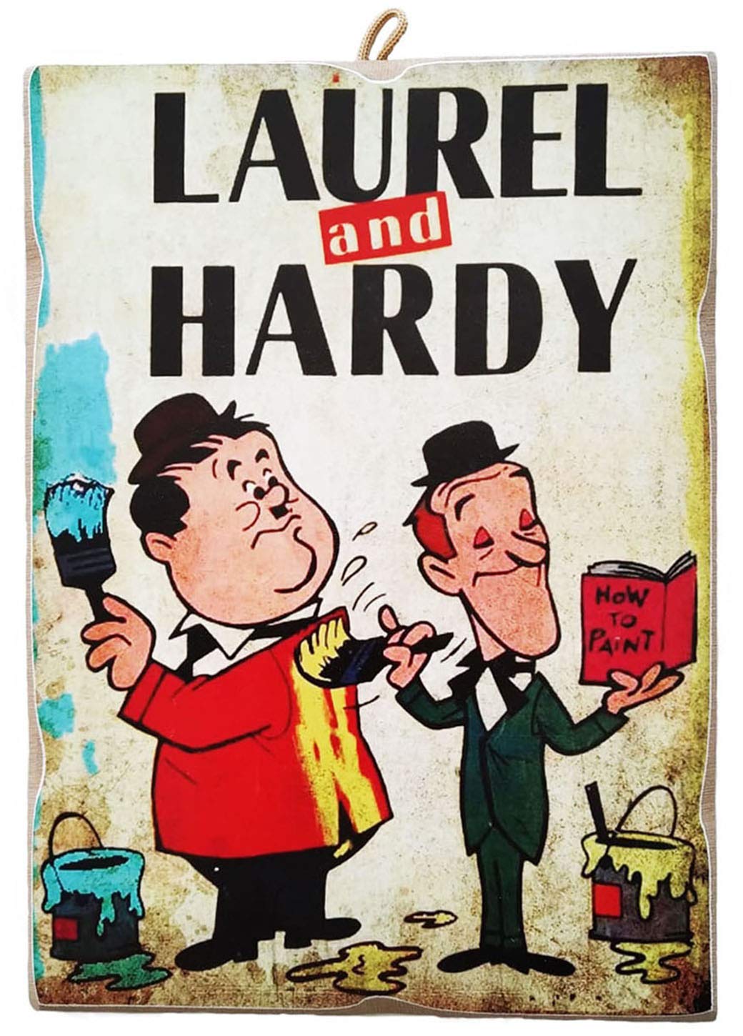 Kustom Art Multi-Color Stan Laurel Oliver Hardy Vintage Style Canvas Print On Wood, Made In Italy