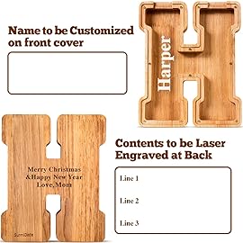 Summidate Customized Name Large Wooden Piggy Bank for Kids Boys Girls Alphabets Letter A-Z Coins Bills Money Change Bank Box Initial on Clear Cover (Laser Engraved) (Alphabet-H, Personalized-9)