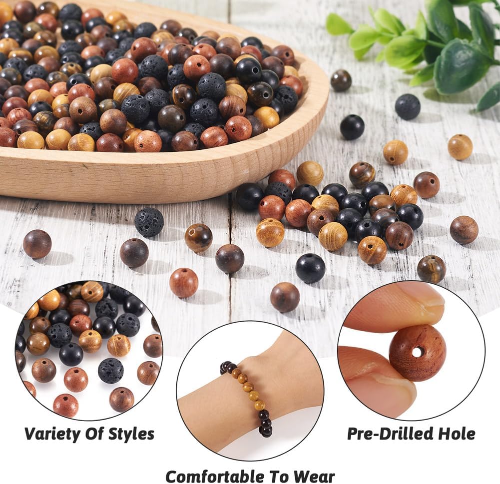 KISSITTY 300Pcs 6 Style Natural Wood Round Gemstone Beads Kit for Easter 8mm Lava Rock Bead & Grade AB Tiger Eye Wood Bead Natural Polished Wooden Ball Loose Beads for Men Bracelet Jewelry Making - Image 5