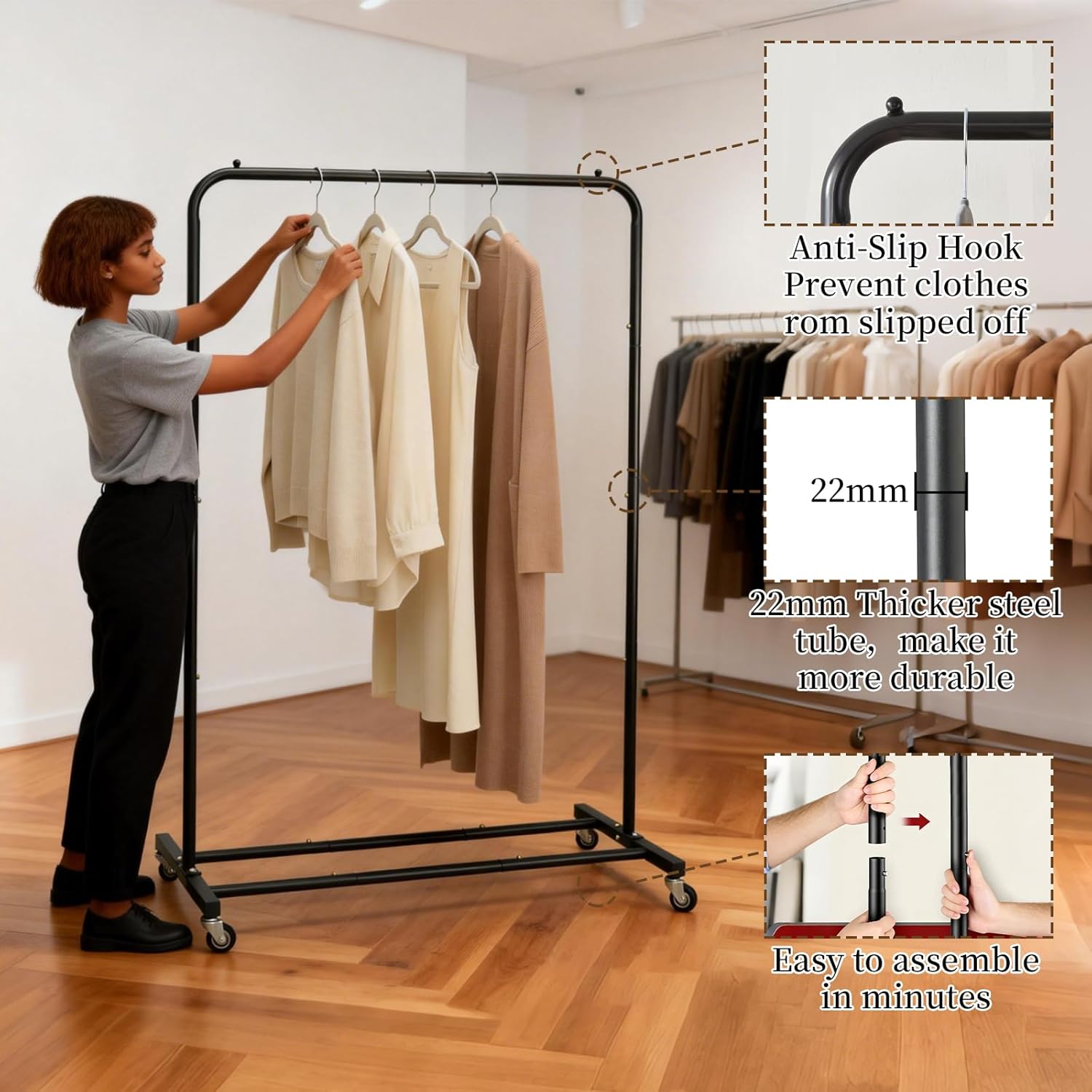 Heavy Duty Clothes Rack,Single Rod Rolling Clothes Rack with Bottom Shelf 110LB Capacity Garment Rack for Hanging Clothes Shirts Jeans,Coats Black