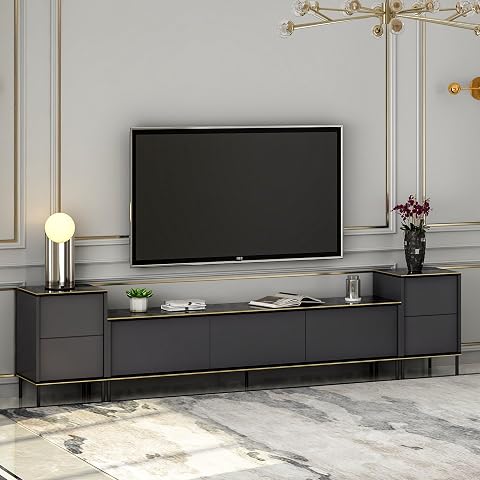 Dmora Mobile Porta TV Kovion 260x35x45h cm Nero Antracite 2 Ripiani 7 Vani, 5 Ante