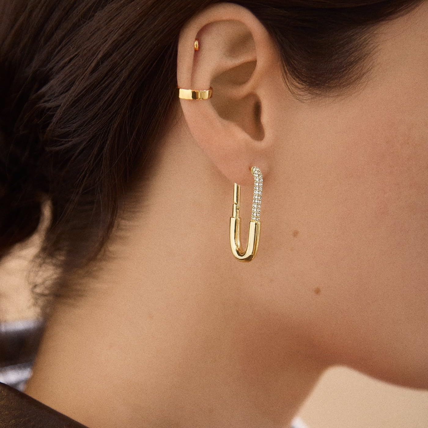 Trendy Long Safety Pin CZ Huggie Hoop Earring for Women Gold Plated Cubic Zirconia Paperclip Dangle Drop Chunky Stud Hoops Earrings Fashion Jewelry Gifts - Image 2