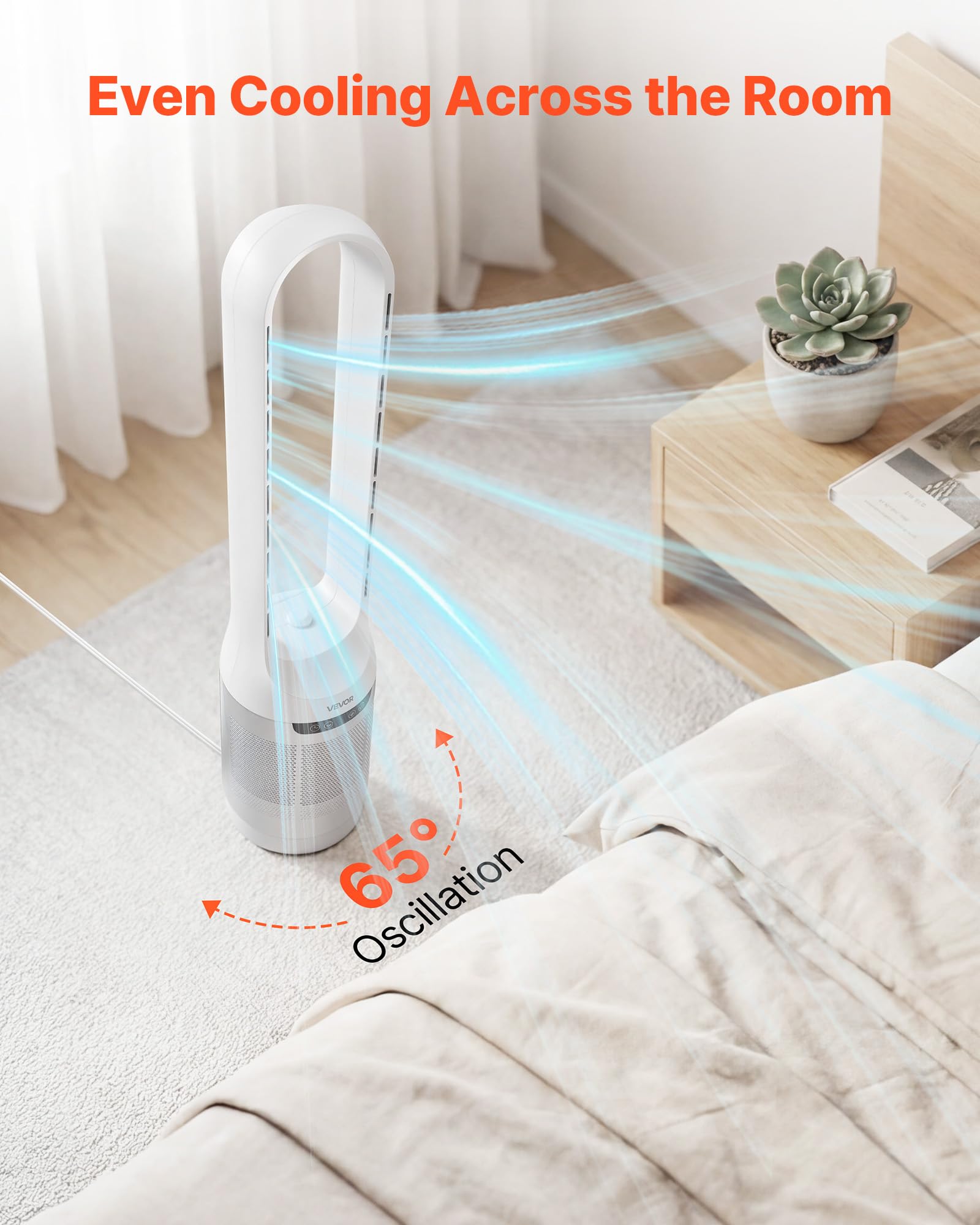 VEVOR Ventilatore a Torre Senza Pale, Oscillazione 65°, Ventilatore a Colonna Senza Pale, 12 Velocità, 4 Modalità, Timer 8 Ore, Flusso d’Aria Potente 4,5 m/s, Silenzioso, per Camera da Letto Ufficio