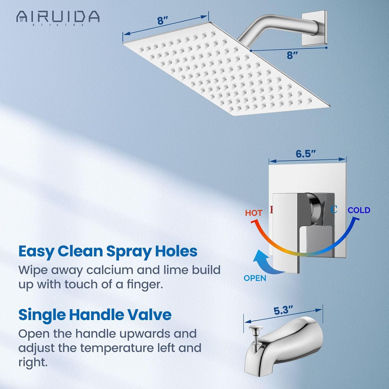 Airuida Shower Faucet Set with Tub Spout Bathtub Faucet Kit Shower Tub Faucet Set Complete Tub Shower Trim Kit with Solid Brass Rough-in Valve and Rainfall Square Showerhead,8 Inch-Chrome Polish