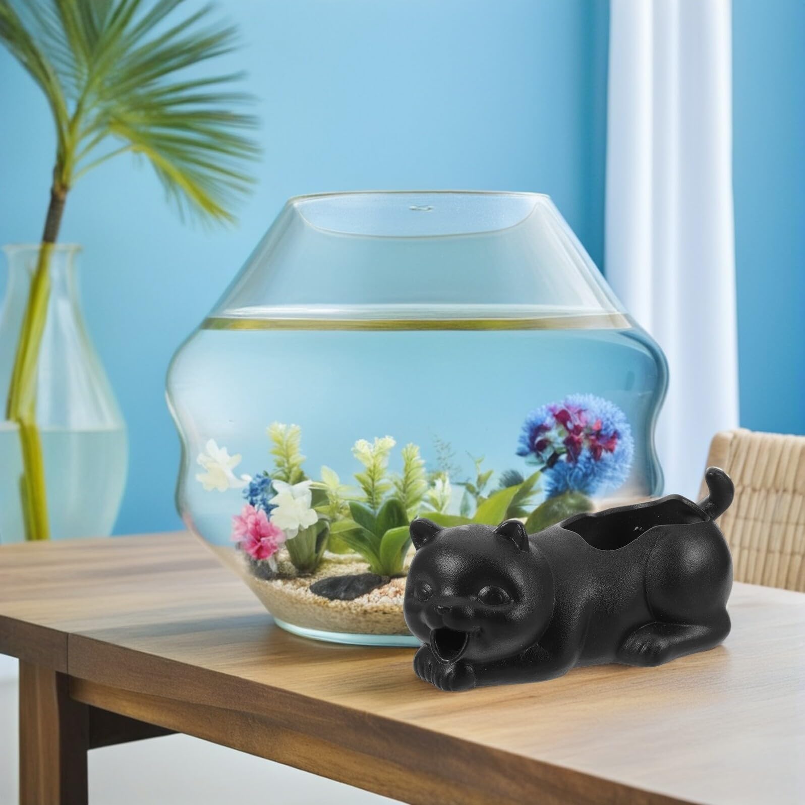 Abaodam Escultura de Gato de Cerámica Negra para Pecera Fuente Decorativa Flujo de Agua Natural para Acuarios de Agua Dulce Accesorio de Oxigenación y Decoración para Jardín Interior y
