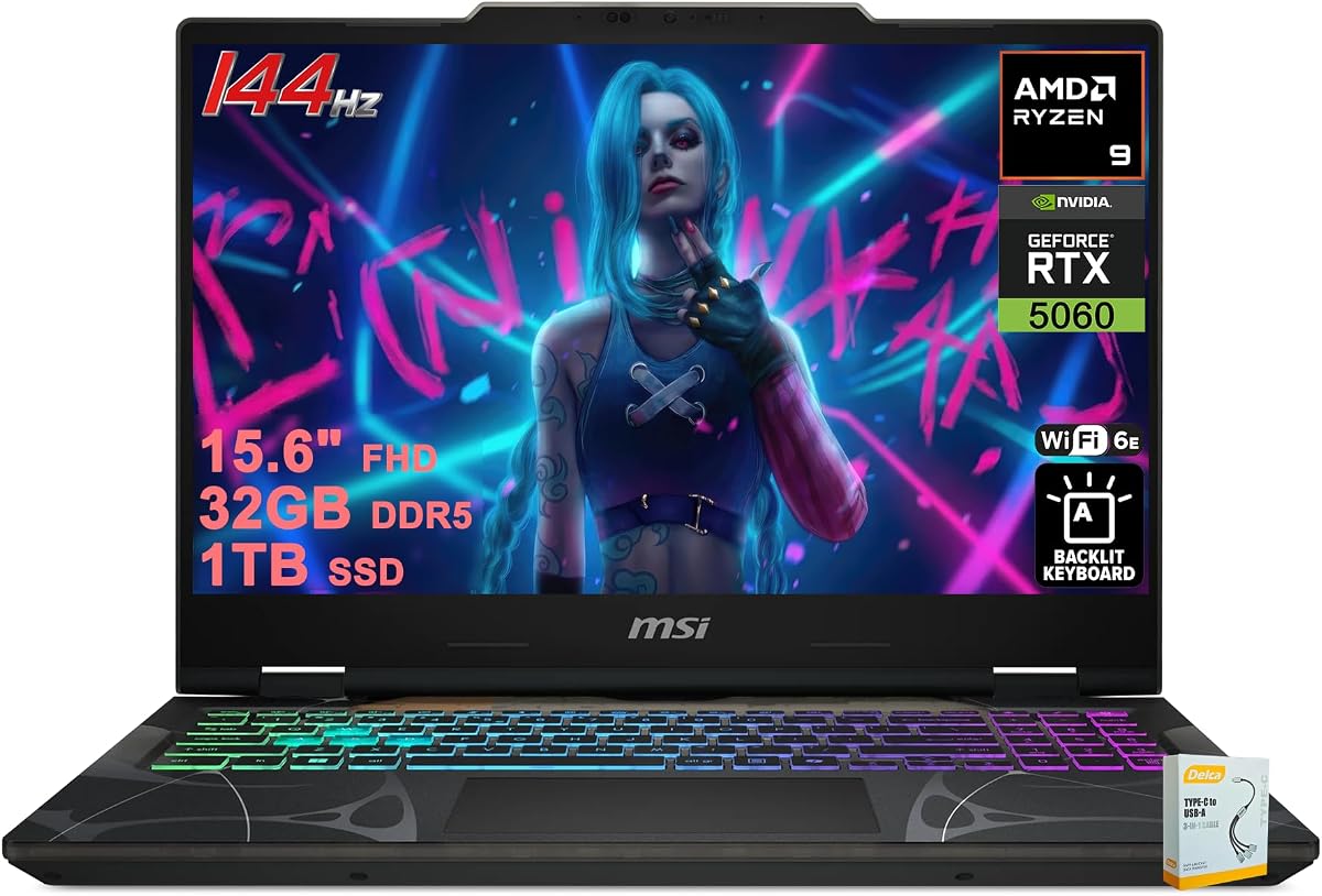 msi Cyborg 15 Gaming AI Laptop | 15.6" FHD IPS 144Hz | AMD 8-core Ryzen 9 270 (>i9-12950HX) | 32GB DDR5 1TB SSD | GeForce RTX 5060 GDDR7 Up to 572 AI Tops | 4-Zone RGB Backlit w/DLCA Accessory