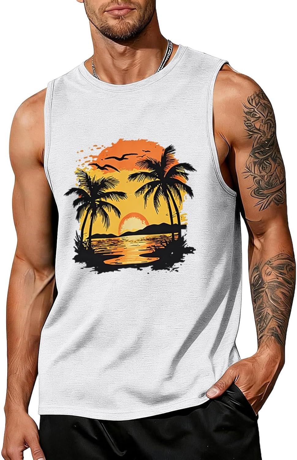 Men's Hawaiian Palm Tree Print Tank Top Workout Gym Muscle Shirts Summer Beach Vacation Sleeveless Tee Shirts