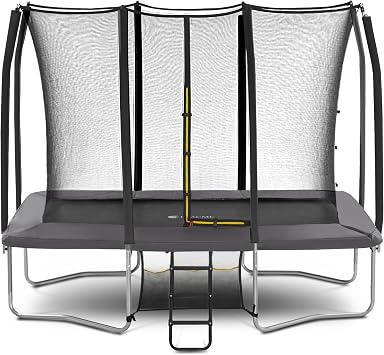 ExacMe 8 x 12 Foot Trampoline Rectangular with Double Openings, ASTM Approved Kids Rectangle Outdoor Intra Enclosure, Wind Stakes, Shoe Storage Bag, Wide Ladder, 330LB Capacity Gray 6184-H812GY