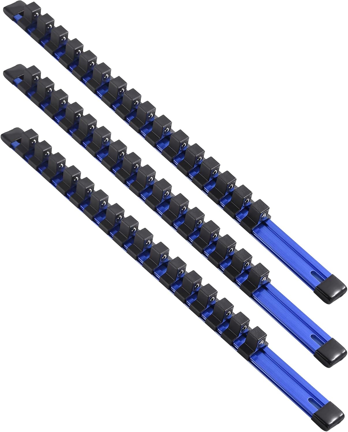 ALOANES 3-Piece 1/2-Inch Drive Aluminum Alloy Socket Organizer, Heavy Duty Socket Racks, Socket Holder Kit for Toolbox Drawer Fit 1/2-Inch x 48 Clips (Blue)