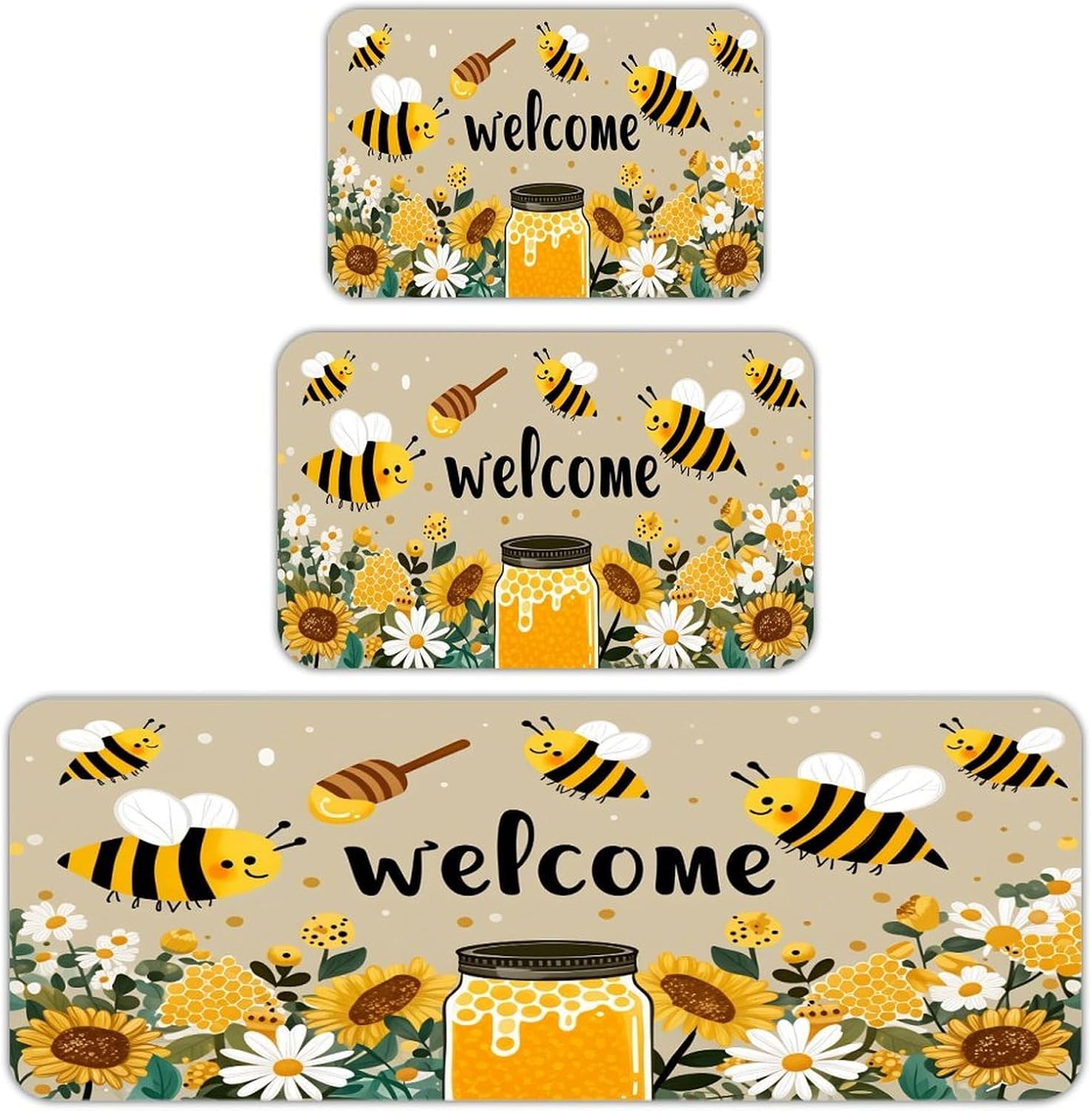 Welcome Bees Honey Jar Sunflowers Daisies Anti Fatigue Kitchen Rug Set of 3 Non-Slip Waterproof Cushioned Comfort Standing Floor Mat Washable Farmhouse Decorative Rug for Kitchen Office Sink Laundry H