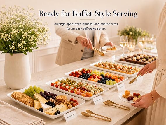 DELLING 14 Inch Large Serving Platter Set of 3, White Porcelain Serving Trays for Entertaining, Rectangular Platters for Turkey Meat Appetizer Party, Oven Microwave Dishwasher Safe Dinnerware