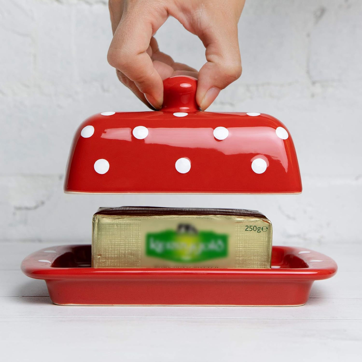 City to Cottage Large Butter Dish with Lid for Countertop, Ceramic Butter Keeper, Butter Container with Knob Handle, Butter Holder Tray with Cover, Handcrafted Red Polka Dot Butter Dish