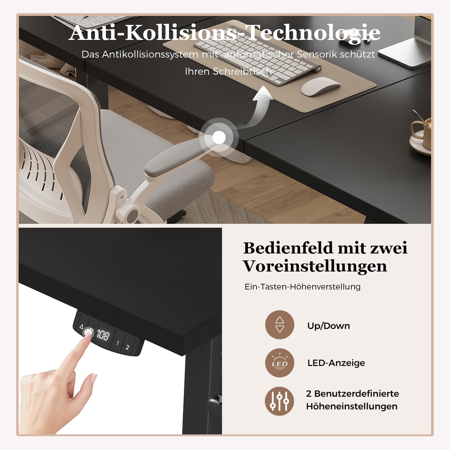 Klicelor Escritorio Elevable Eléctrico 120x60 cm, Negro | Altura eléctrica regulable con 2 memorias, anticolisión, motor silencioso y carga de 70 kg. Ideal para oficina y gaming