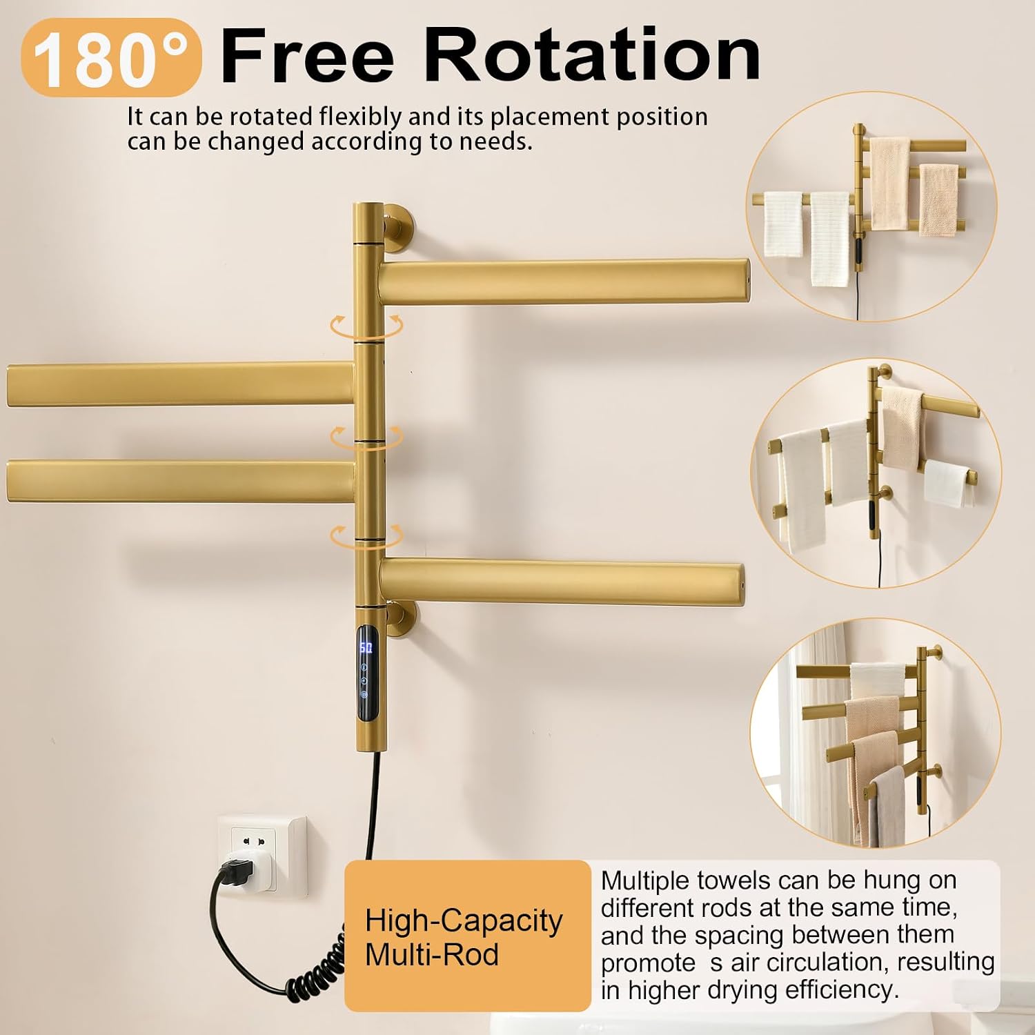 Gold Towel Bar for Bathroom Wall Mounted Heated Towel Warmer Rotating 4-Bar